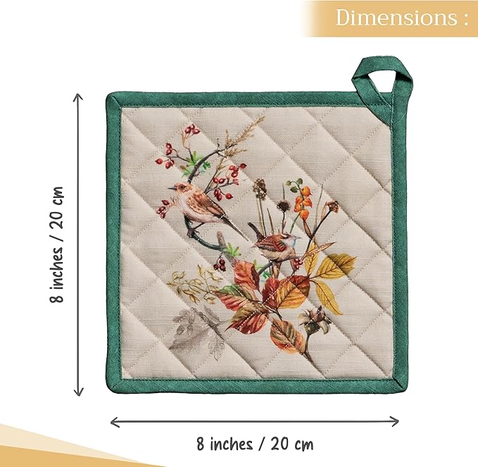 Maison d' Hermine Pot Holders 100% Cotton Heat Resistant Potholders 8" x 8" Hot Pads with Loop for Thanksgiving Christmas Decorations BBQ Cooking Baking Handling Hot Pans (Pack of 1, Recolte)