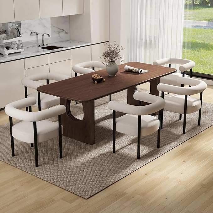 Mid-Century Modern Dining Chairs Set of 4, Armrest Barrel Dining Chairs Side Accent Chairs with Curved Back, Upholstered Wood Armchairs for Kitchen, Linen Beige