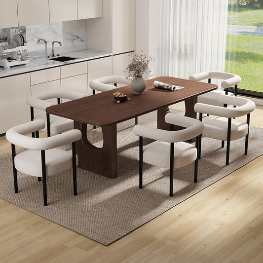 Mid-Century Modern Dining Chairs Set of 6, Armrest Barrel Dining Chairs Side Accent Chairs with Curved Back, Upholstered Wood Armchairs for Kitchen, Linen Beige