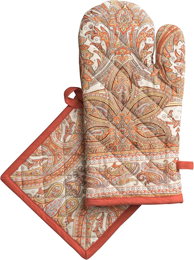 Maison d' Hermine 100% Cotton Oven Mitt & Pot Holder Set (7.5"x13" & 8"x8") Heat Resistant BBQ Cooking Gloves with Loop for Thanksgiving Christmas Decorations Handling Hot Pans (Kashmir Paisley)