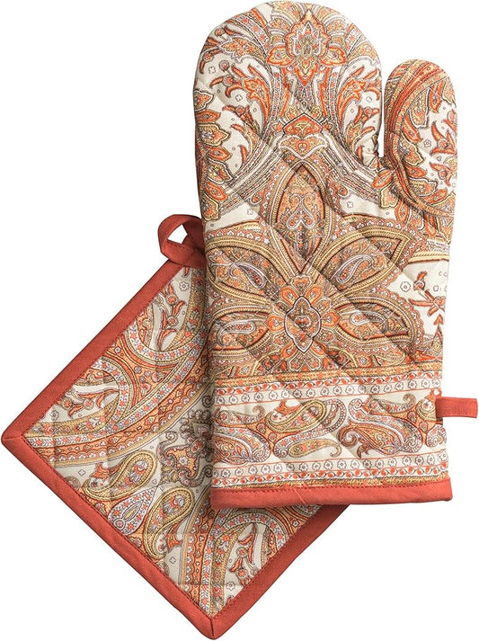 Maison d' Hermine 100% Cotton Oven Mitt & Pot Holder Set (7.5"x13" & 8"x8") Heat Resistant BBQ Cooking Gloves with Loop for Thanksgiving Christmas Decorations Handling Hot Pans (Kashmir Paisley)