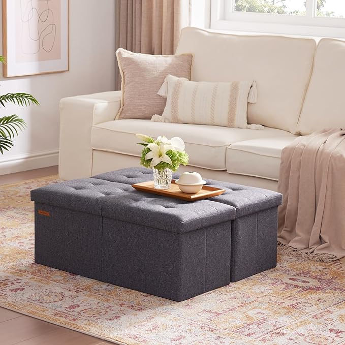 HAUSFRAU 31.5 Inches Ottoman with Storage, Folding Ottoman Bench Small Foot Rest Stool, Bedroom Bench with Flipping Lid, Linen Grey