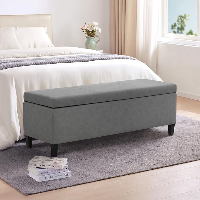 HUIMO Faux Leather Storage Ottoman Bench 50.3 Inch Extra Long PU Upholstered Bedroom Bench with Large Storage Space for The Living Room, Entryway, Bedroom Hold Up to 300lbs (Grey)