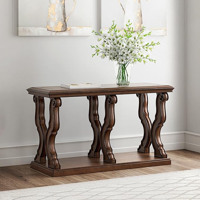 Signature Design by Ashley Maylee Classic Sofa Table with Open Shelf and Scroll Legs, Dark Brown