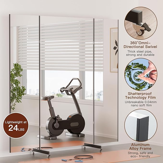 brisafe Full Length Mirror with 360° Wheels, 71"x71" Foldable Floor Mirror with Nano-Tech Shatterproof Film - Ultra-Large Mobile Mirror for Home Gym, Dance Studio & Commercial Spaces (Black)