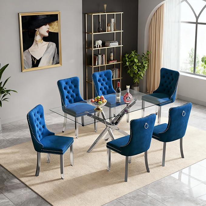 Goujxcy 51" Glass Dining Table Set for 6, Modern Kitchen Table and Chairs Set w/Steel Legs, 7-Piece Dining Table Set w/Glass Silver Dining Table and 6 Blue Velvet Chairs for Kitchen Dining Room