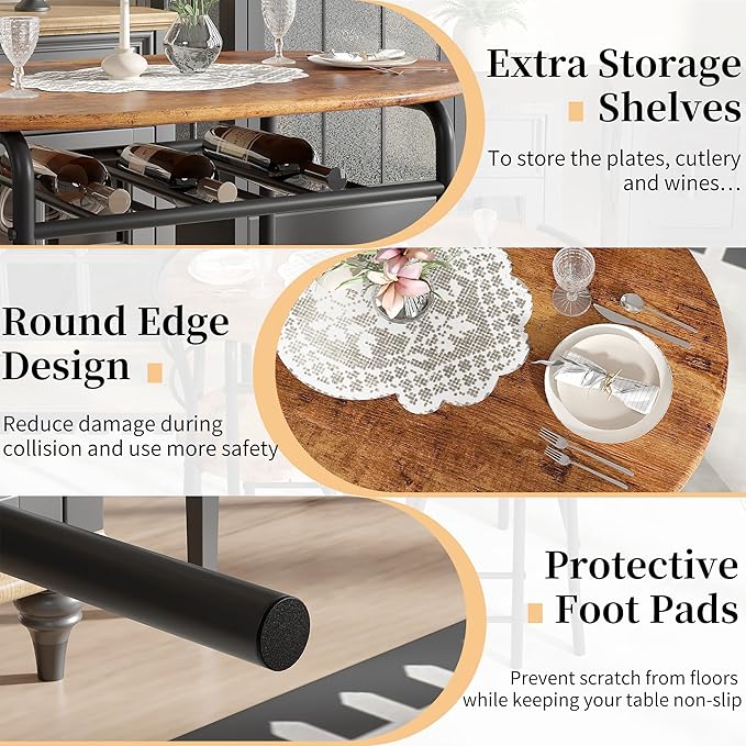 VECELO 3-Piece Dining Table Set for Kitchen Breakfast Nook, Wood Grain Oval Tabletop and Metal Frame with Built-in Wine Rack, for Small Spaces, Antique Brown & Black