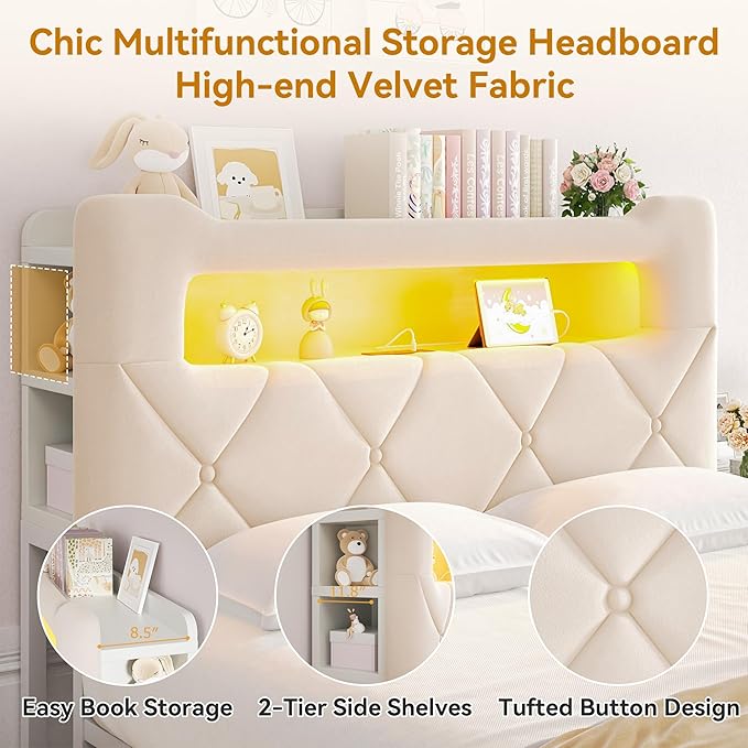 Full Upholstered LED Bed Frame with 2 Storage Drawers and 2-Tier Storage Headboard, Velvet Princess Platform Bed with Charging Station & Bookcase,Heavy Duty Metal Support,No Box Spring Needed,Beige