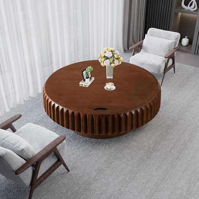 Round Coffee Table with Storage for Living Room, Wood Circle Drum Coffee Table Modern Fluted Center Table Accent Table for Home Office Apartment (Walnut 39.37'')