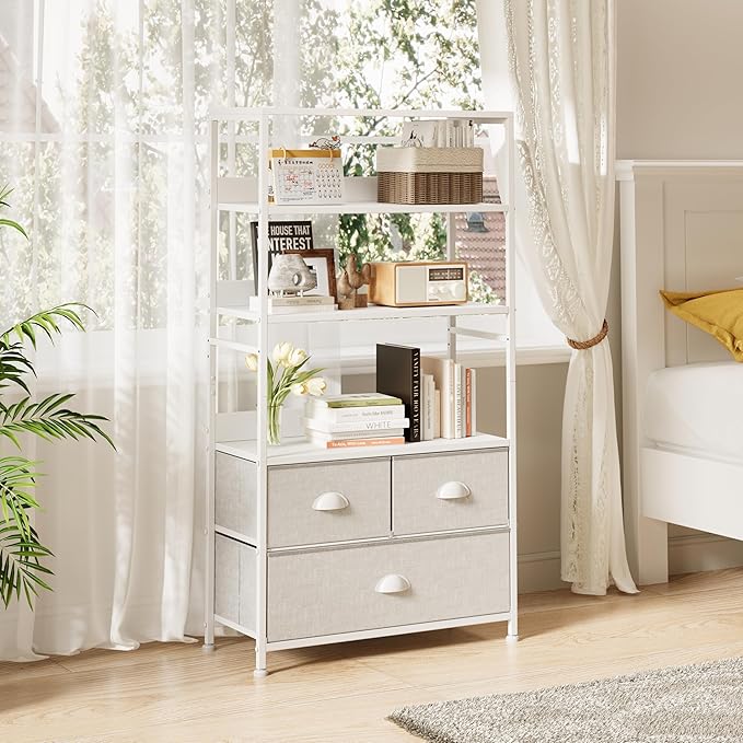 6 Tier Bookshelf, Bookcase with 3 Storage Drawers, Wood and Metal Book Shelf Storage Organizer, Industrial Display Standing Shelf Unit for Bedroom, Living Room, Rustic Brown, White