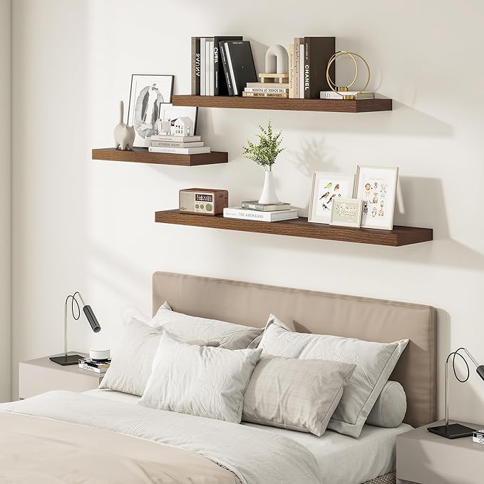 Vivelove Wide Floating Shelves for Wall 12 Inch Deep, 47.2" X 12" X 2" Floating Shelf, 2 Inch Thick Shelf for Living Room Bathroom Bedroom Kitchen Book Room, Rustic Farmhouse Decor Set of 2, Walnut