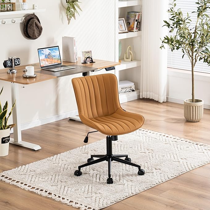 Kidol & Shellder Tan Leather Home Office Desk Chair with Wheels Modern Cute Armless Executive Swivel Vanity Chair with Comfy Padded Back Ergonomic Rolling Adjustable Computer Task Chair Small
