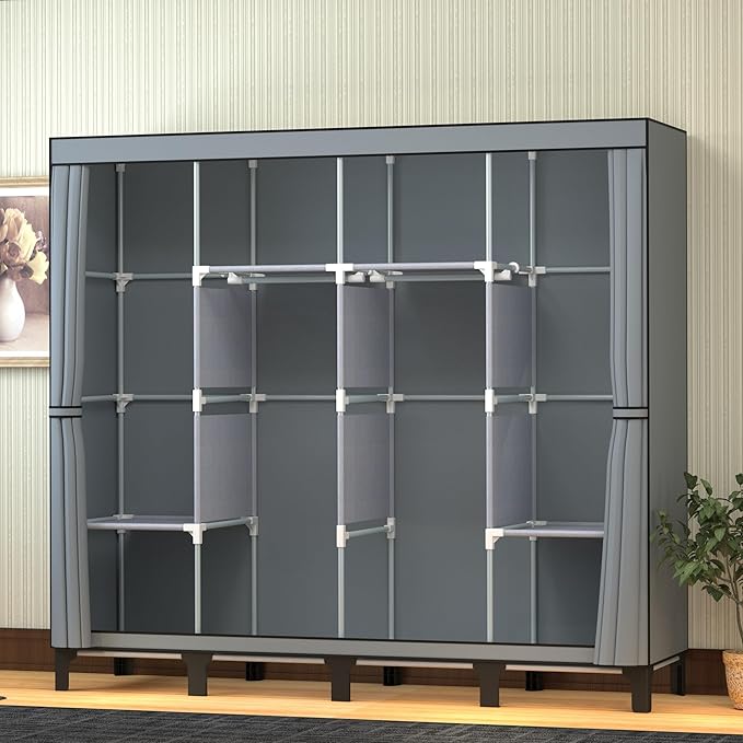 Non-Woven Wardrobe, No Tools Required, Large Capacity, Easy Assembly, Movable, Storage Rack, Waterproof, Dustproof, Stain Resistant, Black, 67.7 x 172 cm (Grey, X-Large)