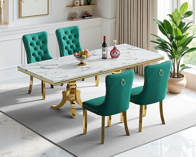 Goujxcy Faux Marble Dining Table Set for 4, Modern 5-Piece Dining Table Set with 4 Velvet Upholstered Chairs, 70" Large Long Faux Marble Kitchen Dining Room Table and Chairs with Stainless Steel Legs