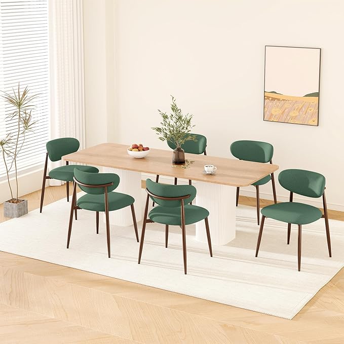 Dining Chairs Set of 6, Upholstered Dining Room Chairs with Metal Legs and Anti Slip Pads, Curved Back Kitchen Chair for Home and Restaurant Use, Green