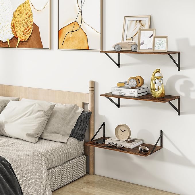 24"W x 12"D Wall Shelves for Books, 12 Inch Deep Floating Shelves Set of 3, Wide Floating Bookshelf with Metal Bracket for Living Room, Kitchen, Office, Bedroom and Decor Storage - Rustic Brown