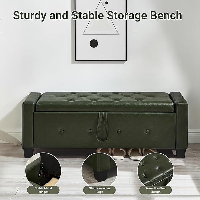 48" Faux Leather Ottoman with Storage, Tufted Storage Ottoman Bench with Safety Hinge, Rectangular Extra Long Bench for Bedroom, Living Room, Entryway and Window, Green