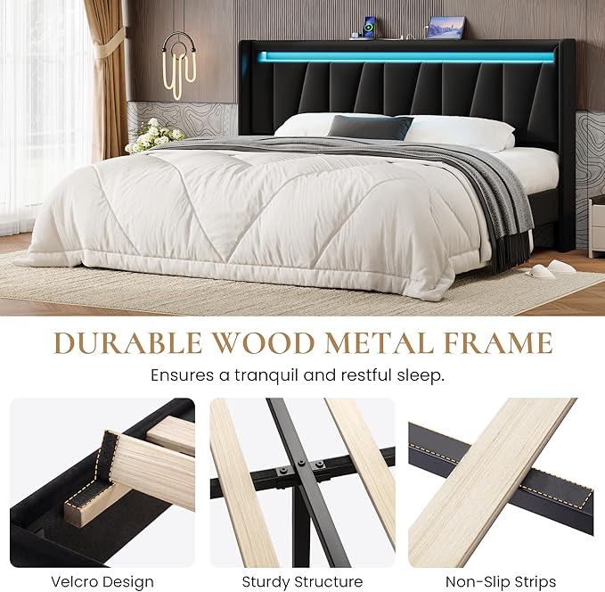 SHA CERLIN King Size Bed Frame with Charging Station and LED Lights, Modern Velvet Platform Bed with Upholstered Geometric Wingback Headboard, No Box Spring Needed, Easy Assembly, Black