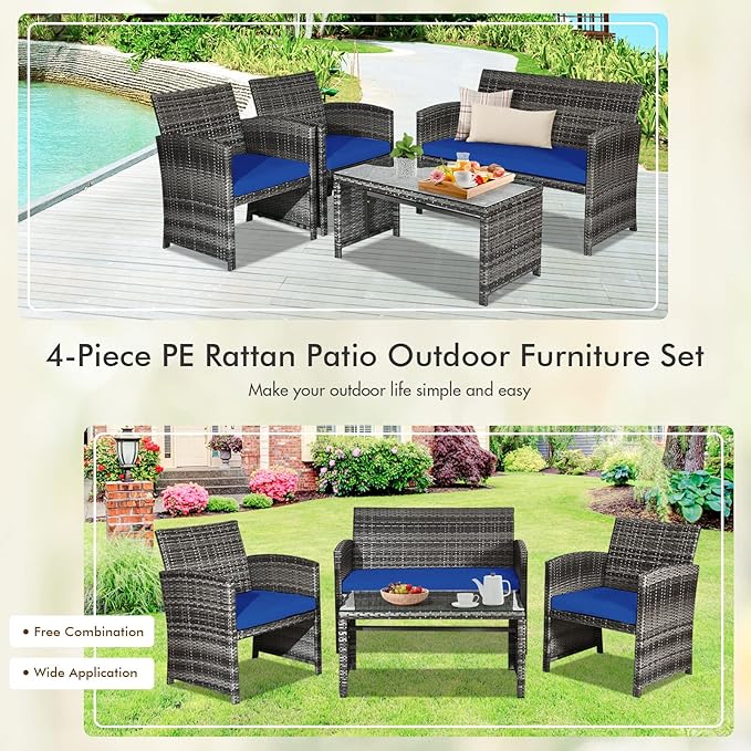 Goplus 4-Piece Rattan Patio Furniture Set, Outdoor Wicker Conversation Sofa with Weather Resistant Cushions and Tempered Glass Tabletop for Lawn Backyard Pool Garden (Blue)