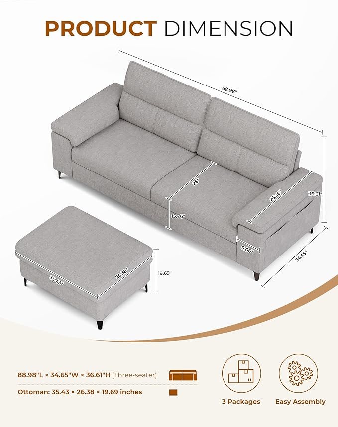 88.97" L Shaped Sectional Couches for Living Room, Deep Seat Sofa with Storage Ottoman & 8”Cushion, Comfy 2-Seater Chenille Loveseat, Convertible Armrest, Removable Cover for Small Space(Light Gray)