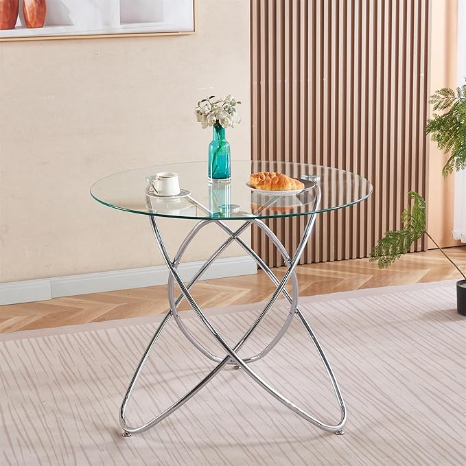 35.4" Round Dining Table for 4, Modern Clear Glass Kitchen Table for 4 with Chrome Metal Legs, Compact Small Circle Dining Room Leisure Tables for Kitchen Apartment