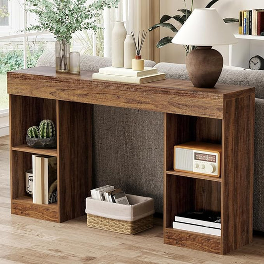 55 Inches Console Table,4 Cubes Narrow Entryway Table,3 Tier Wood Behind Couch Sofa Table,TV Console with Storage for Living Room,Hallway,Entrance,Foyer (Striped Brown)