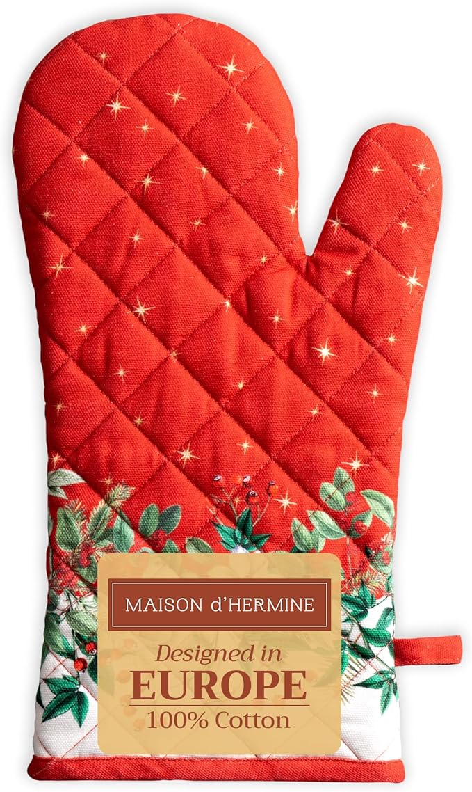 Maison d' Hermine Oven Gloves 100% Cotton Oven Mitt 7" x 13" with Loop Heat Resistant BBQ Cooking Gloves for Thanksgiving Christmas Decorations Baking Handling Hot Pans (Pack of 1, Noel)