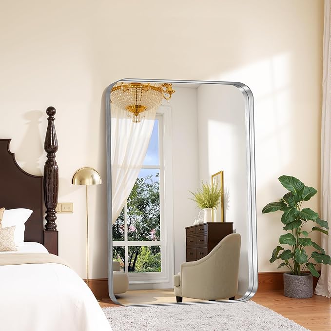 FORBATH 55x36 Inch Large Bathroom Mirror for Double Sinks, Brushed Silver Deep Frame Wall Mirror with Rounded Corners, Anti-Rust Tempered Glass for Modern Farmhouse Vanity (Horizontal/Vertical)