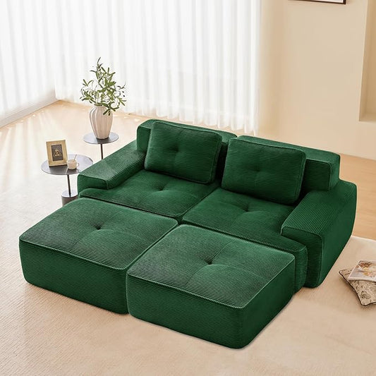 80" Modern Corduroy Boneless Love Seat Couches with 2 Ottomans, 2 Seater Large Sectional Couches for Living Room, Green Cloud Modular Sectional Sofa, Memory Foam, Extra Deep Loveseat, No Assembly