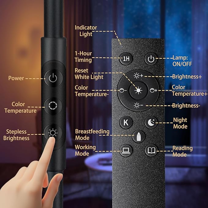 Floor Lamps for Living Room, 36W/3600LM Super Bright Standing Lamp with Remote & Touch Control, Stepless Dimming & 2700K-6500K Color Temperature, LED Floor Lamp for Bedroom Office, Black