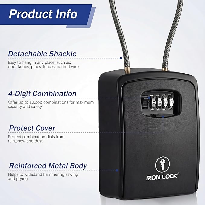 Iron Lock® Key Lock Box Portable with Cable Shackle & Wall Mount – Waterproof Heavy Duty Metal Lock Box for Keys with 4-Digit Combination Code on Door Knob, Fence, Pipe or Gate (Black, XXL)
