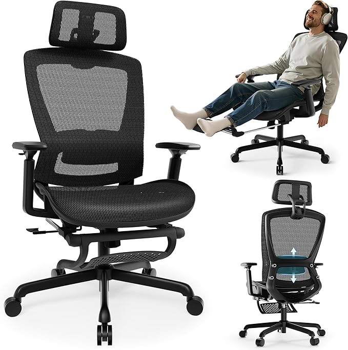 ELABEST T96E Ergonomic Mesh Office Chair with Adjustable Headrest & Footrest,Sturdy Computer Desk Chair - Adjustable Lumbar Support & Armrests,Comfort Wide Seat,Swivel Home Office Chair
