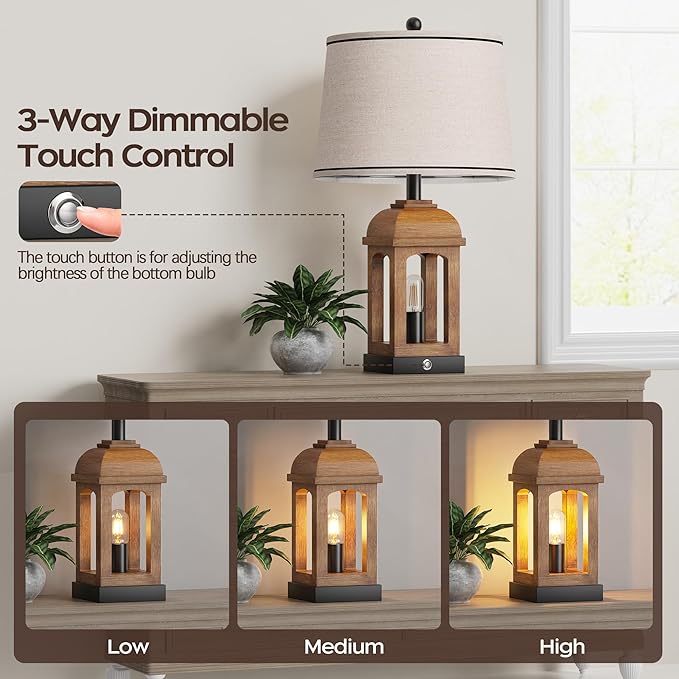 QiMH Table Lamp for Living Room, Farmhouse Lamps with USB A+C and Nightlight, 26" Rustic Bedside Lamps with 3-Way Dimmable Touch Control, Nightstand Lamp for Bedroom, Wood Grain, 1 Pack