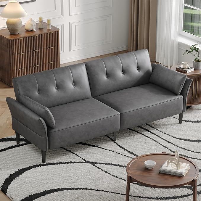 89” Futon Sofa Bed,Futon Couch Bed with 2 Square Pillows,Convertible Sleeper Sofa with Adjustable Backrest& Armrests, Modern Loveseat Sleeper for Living Room, Bedroom,Faux Leather Light Gray