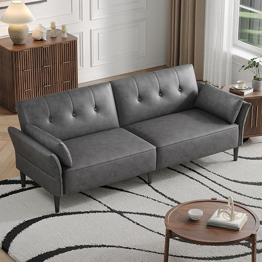 89” Futon Sofa Bed,Futon Couch Bed with 2 Square Pillows,Convertible Sleeper Sofa with Adjustable Backrest& Armrests, Modern Loveseat Sleeper for Living Room, Bedroom,Faux Leather Light Gray