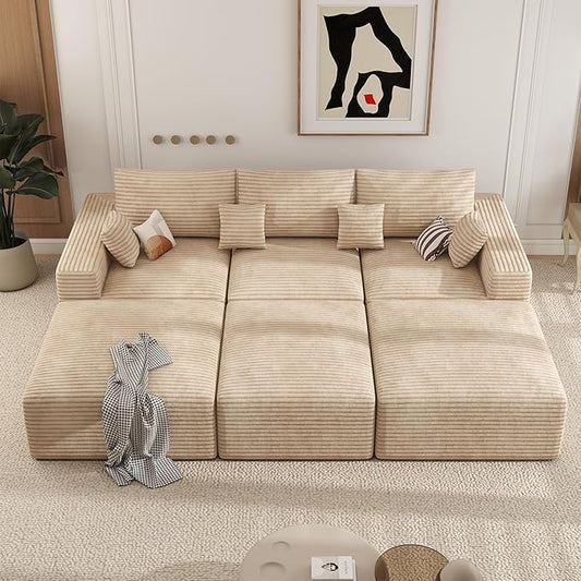 113" Modular Sectional Sofa Bed, Convertible Cloud Couches for Living Room with Ottoman, 6 Seater Corduroy Boneless Couch Sleeper Sofa Set, No Assembly Required, Khaki 1 PCS
