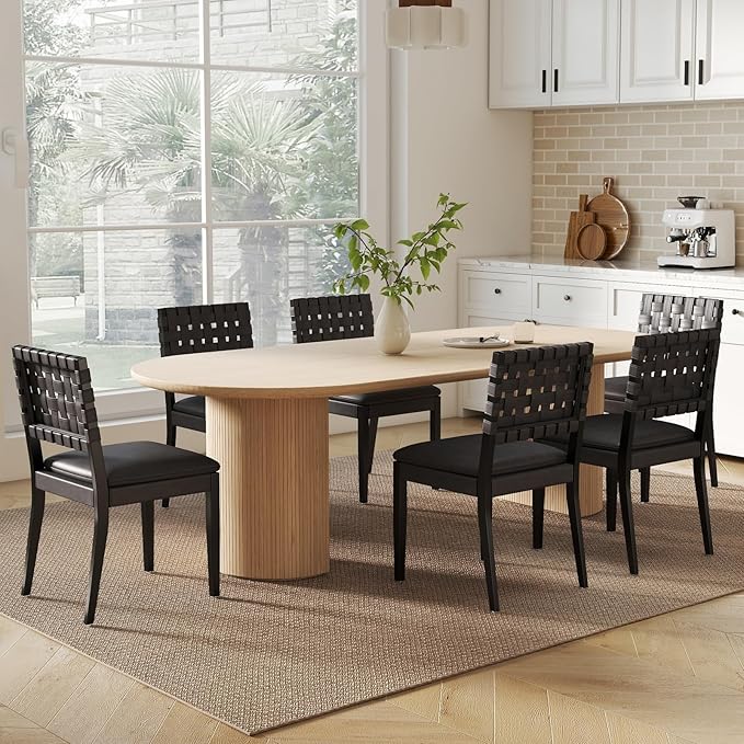 Woven Faux Leather Dining Chairs Set of 2, Farmhouse Upholstered Kitchen Chairs with Wooden Legs Armless Accent Side Chairs for Dining Room/Restaurant, Black