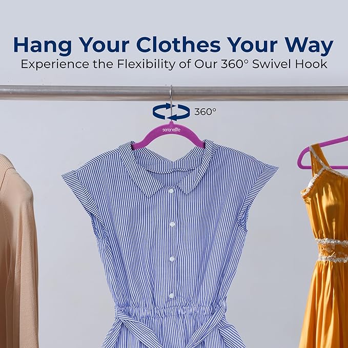 SereneLife 150 Pack Velvet Hangers - Non-Slip with 360° Swivel Hook - Ultra-Thin, Lightweight, Space-Saving, Felt Hangers for Shirts, Sweaters, Hoodies, Kids Clothes & Dresses