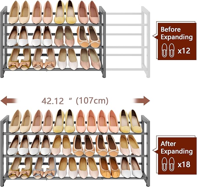 FAVOOSTY 3-Tier Expandable Shoe Rack, Adjustable Shoe Shelf Storage Organizer Space Saving Metal Free Standing Shoe Rack for Entryway Closet Doorway, Silver Grey