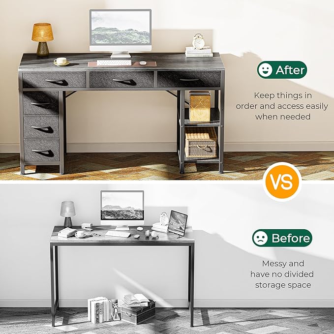 Huuger Computer Desk with 6 Drawers, 47 Inch Office Desk with Shelves, Reversible Gaming Desk, Corner Desk with Storage, for Home Office Study, Living Room, Gray