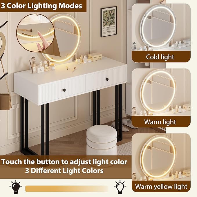 IDEALHOUSE Vanity Desk with Mirror and Lights, 49.2”H Makeup Vanity with 3 Color Lights and Adjustable Brightness, Bedroom Vanity Table with 2 Drawers, White