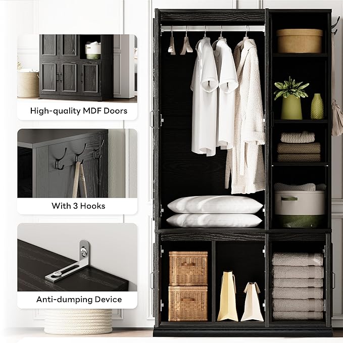 LIKIMIO Armoire Wardrobe Closet 70" H, 5 Doors Bedroom Wooden Wardrobe with 4 Storage Shelves and Hanging Rod, Clothing Storage Cabinet Organizer Combination, Black