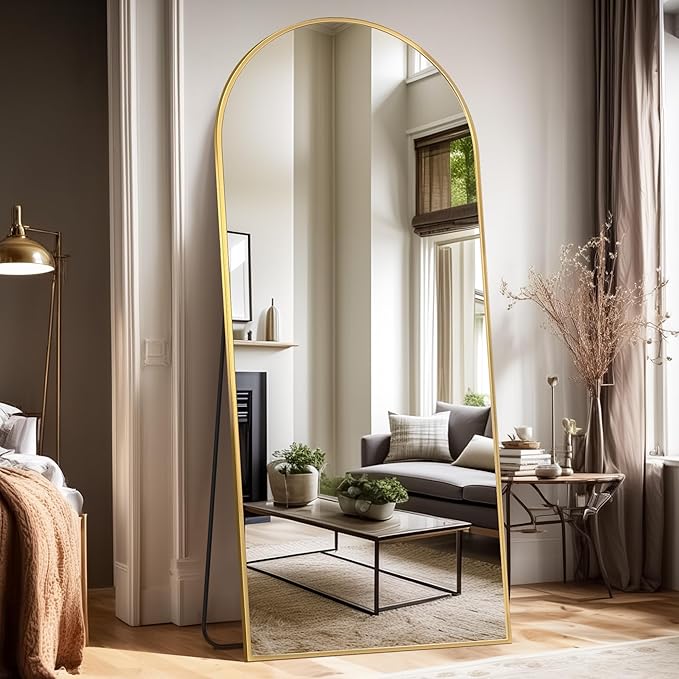 Full Length Mirror, 58"x18" Arched Floor Mirror Freestanding, Floor Standing Full Body Mirror with Stand for Bedroom, Hanging Mounted for Living Room Cloakroom, Gold