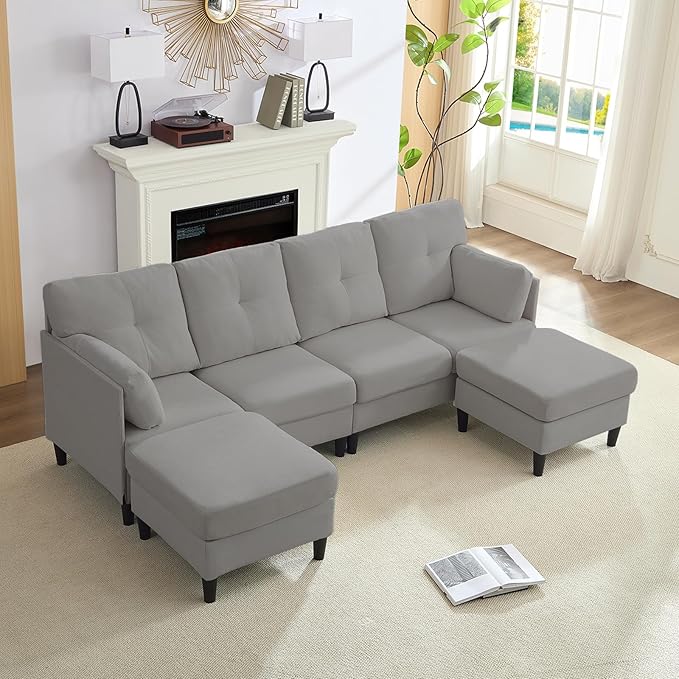 PUREMIND Sectional Home Sofa Living Room, Modern U-Shaped Sofa Couches with Double Chaise, Upholstered 4 Seater Sofa for Living Room, Apartment, Light Grey