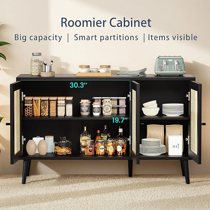 47" Rattan-Door Sideboard Cabinet with Shelf, 3-Door TV Stand Credenza Buffet with Generous Storage, Modern Accent Cabinet for Living Room & Kitchen, Black