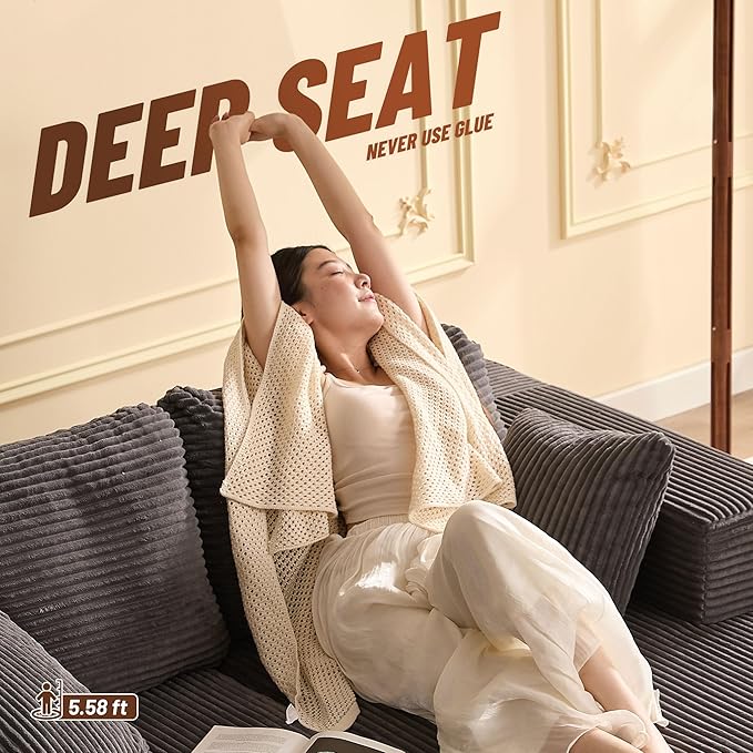 Chaise Lounge Chair, Boneless Couch for Living Room and Bedroom, Sleeper Couches Reading Chairs, Corduroy, Grey