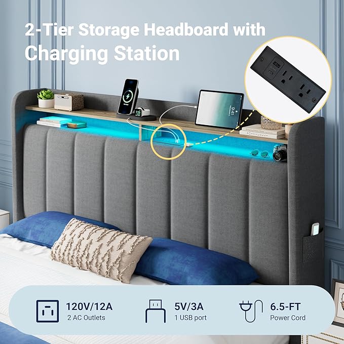Allewie Vertical Tufted Full Size Upholstered Platform Bed Frame with 2-Tier LED Storage Headboard & 2 Storage Drawers, USB & Type-C Charging Ports, Noise-Free/No Box Spring Needed, Dark Grey