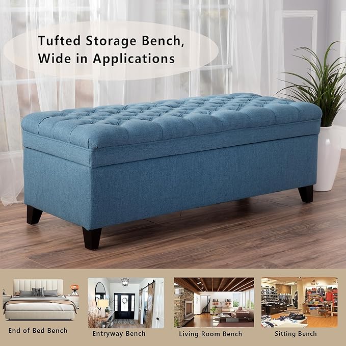 Setawix Linen Storage Benches for Bedroom,50" Bed End Bench with Storage,Tufted Blue Storage Ottoman Bench for Living Room,Rectangle Entryway Benches with Storage and Seating (Blue, Linen)