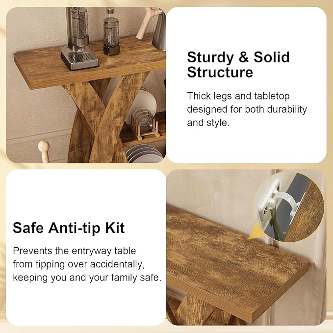 Farmhouse Console Tables, 55-Inches Narrow Console Tables 3-Tier Rustic Wood Sofa Behind The Couch Table Entryway Table for Living Room, Bedroom, Home Office (Tiger Brown)