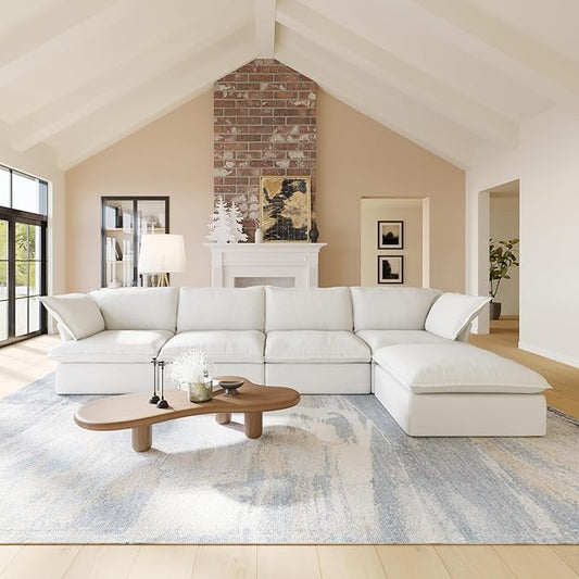 WJShome 162.98" Cloud Modular Sectional Sofa, L Shaped Couch Filled with Down, Minimalist Wide Deep Seat Couches for Living Room Apartment Lounge Bedroom (White, 4 Seater+1 Ottoman)